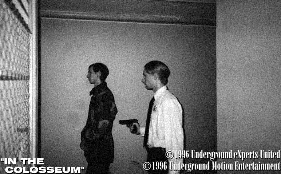 Two men walking in bunker